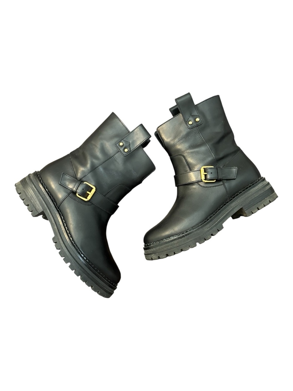 Sergio Rossi Black Leather Buckle Combat Moto Boots Size 36 1/2 36.5 or US 6.5